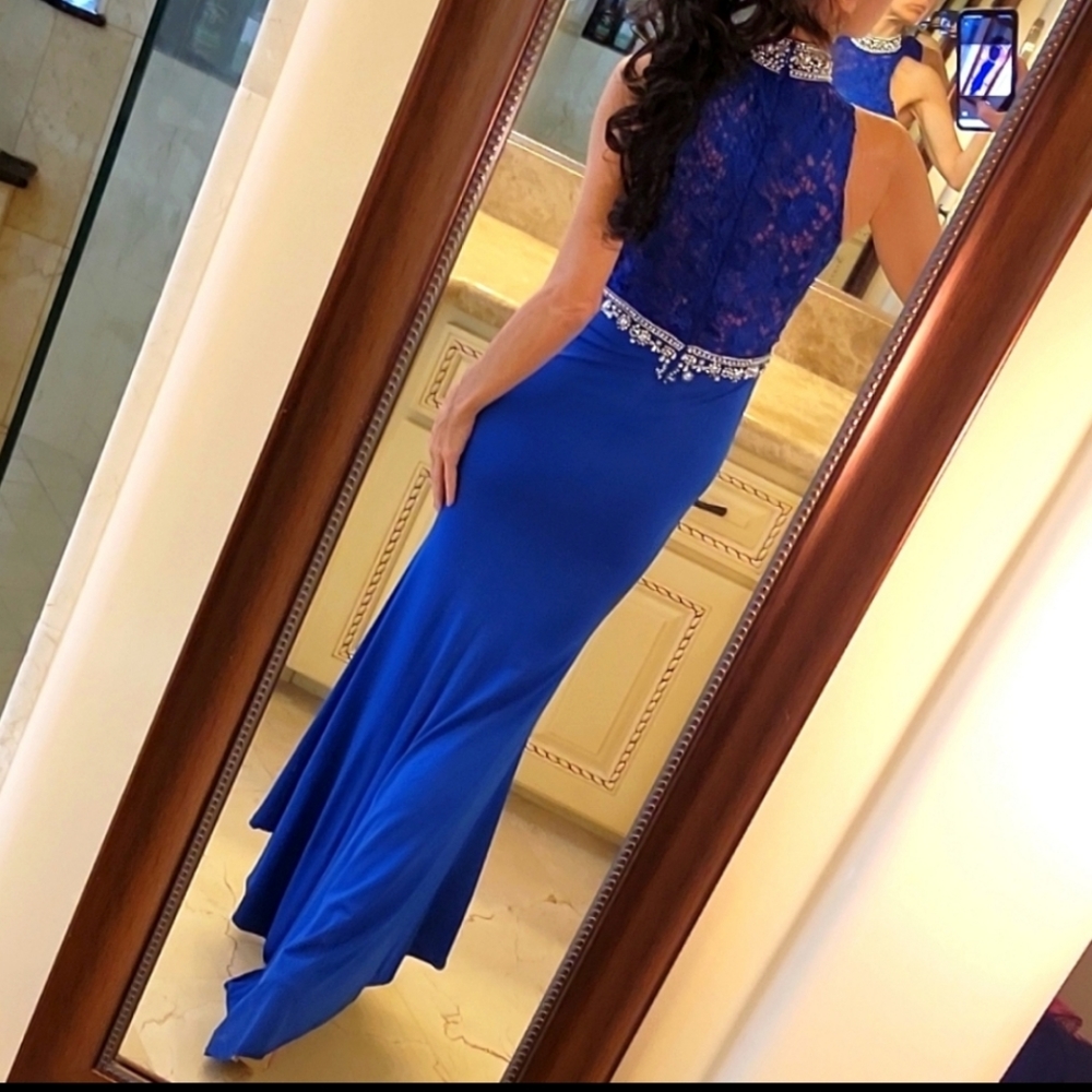 Blue Pearl & Rhinestoned Embellished Mermaid High-low Formal Dress, XS - Picture 6 of 16